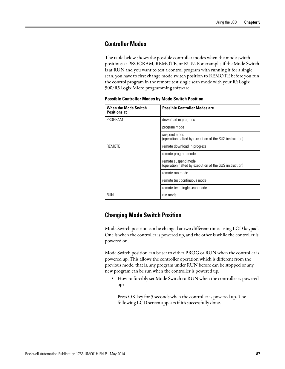 Controller modes, Changing mode switch position | Rockwell Automation 1766-Lxxxx MicroLogix 1400 Programmable Controllers User Manual User Manual | Page 129 / 406