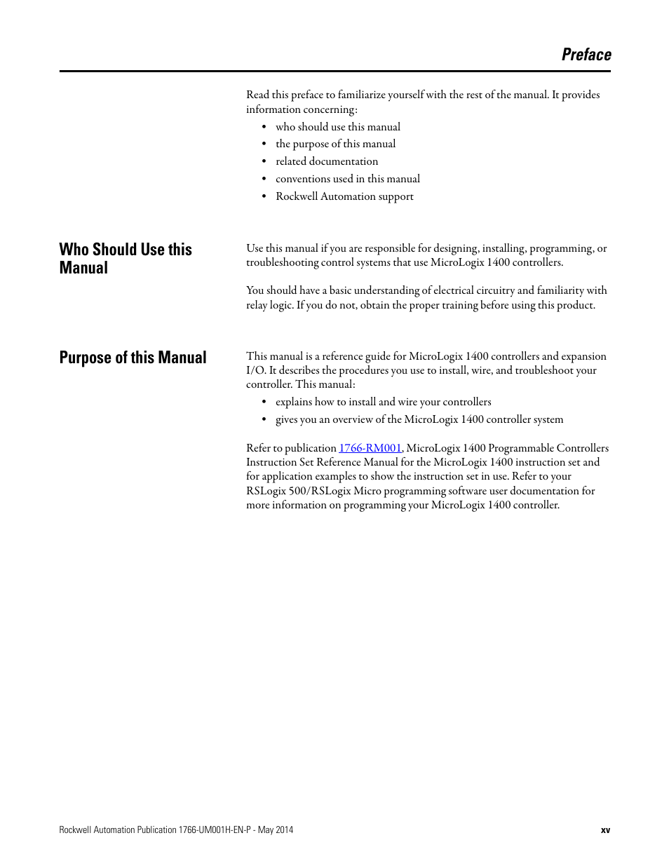 Who should use this manual, Purpose of this manual, Preface | Who should use this manual purpose of this manual | Rockwell Automation 1766-Lxxxx MicroLogix 1400 Programmable Controllers User Manual User Manual | Page 13 / 406