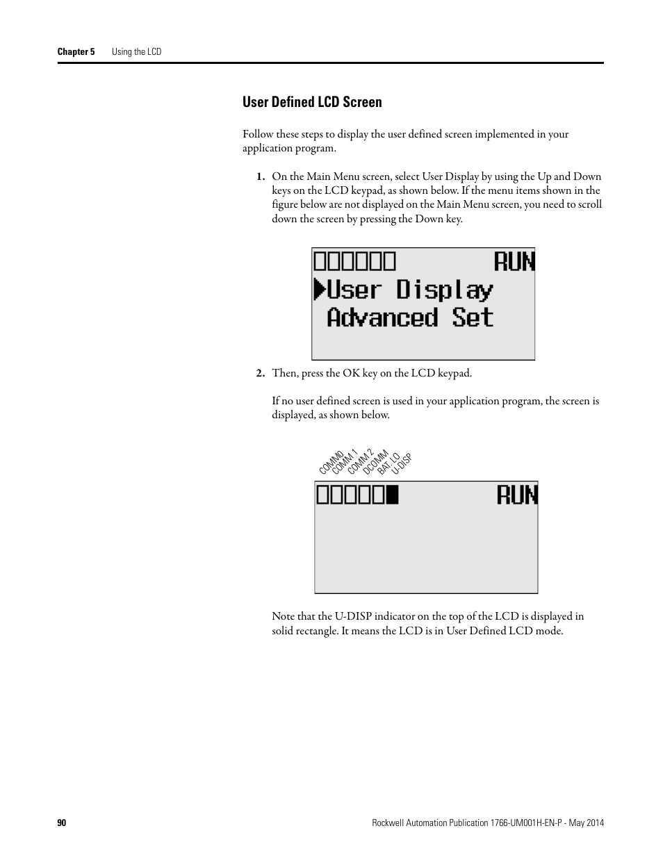 User defined lcd screen | Rockwell Automation 1766-Lxxxx MicroLogix 1400 Programmable Controllers User Manual User Manual | Page 132 / 406