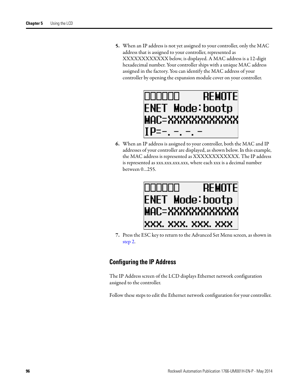 Configuring the ip address | Rockwell Automation 1766-Lxxxx MicroLogix 1400 Programmable Controllers User Manual User Manual | Page 138 / 406