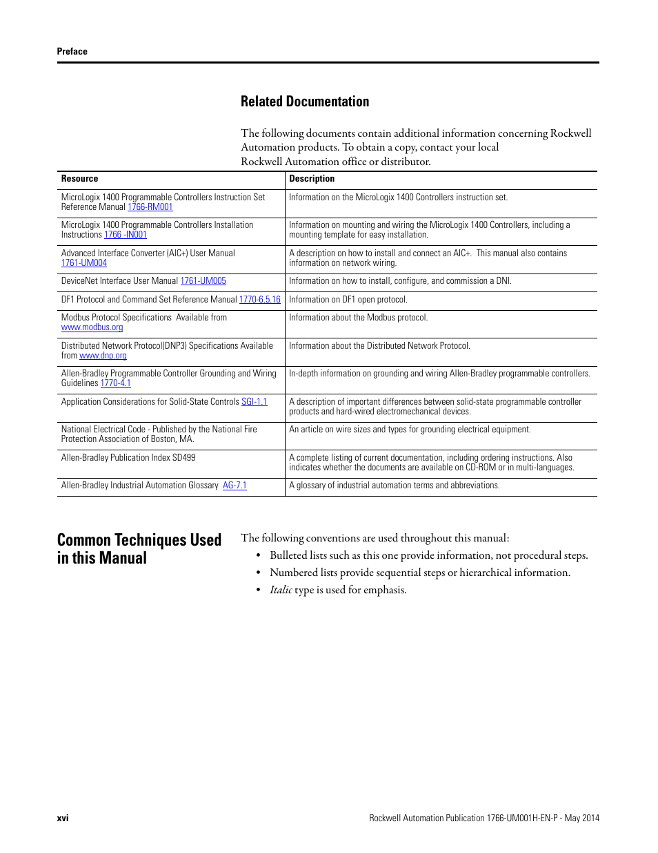 Related documentation, Common techniques used in this manual | Rockwell Automation 1766-Lxxxx MicroLogix 1400 Programmable Controllers User Manual User Manual | Page 14 / 406