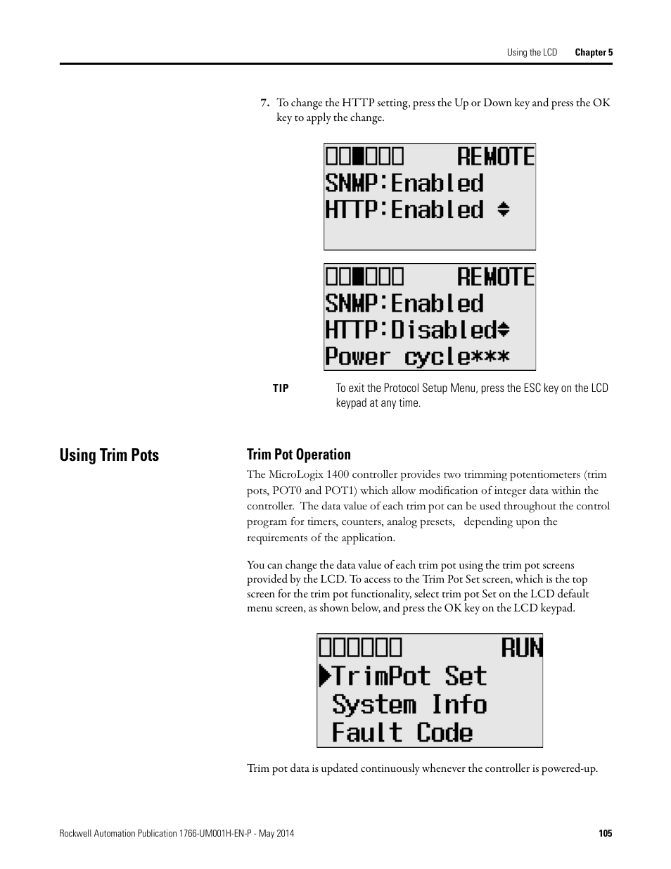 Using trim pots, Trim pot operation | Rockwell Automation 1766-Lxxxx MicroLogix 1400 Programmable Controllers User Manual User Manual | Page 147 / 406