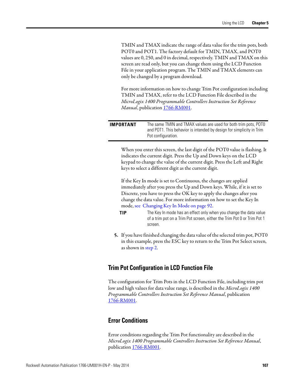 Trim pot configuration in lcd function file, Error conditions | Rockwell Automation 1766-Lxxxx MicroLogix 1400 Programmable Controllers User Manual User Manual | Page 149 / 406