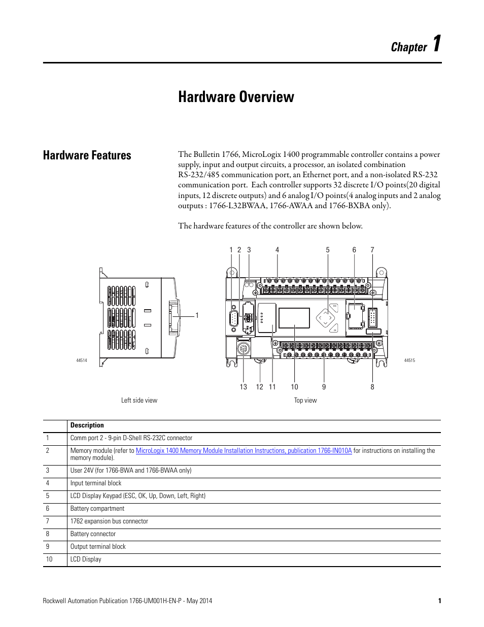 1 - hardware overview, Hardware features, Chapter 1 | Hardware overview, Chapter | Rockwell Automation 1766-Lxxxx MicroLogix 1400 Programmable Controllers User Manual User Manual | Page 15 / 406