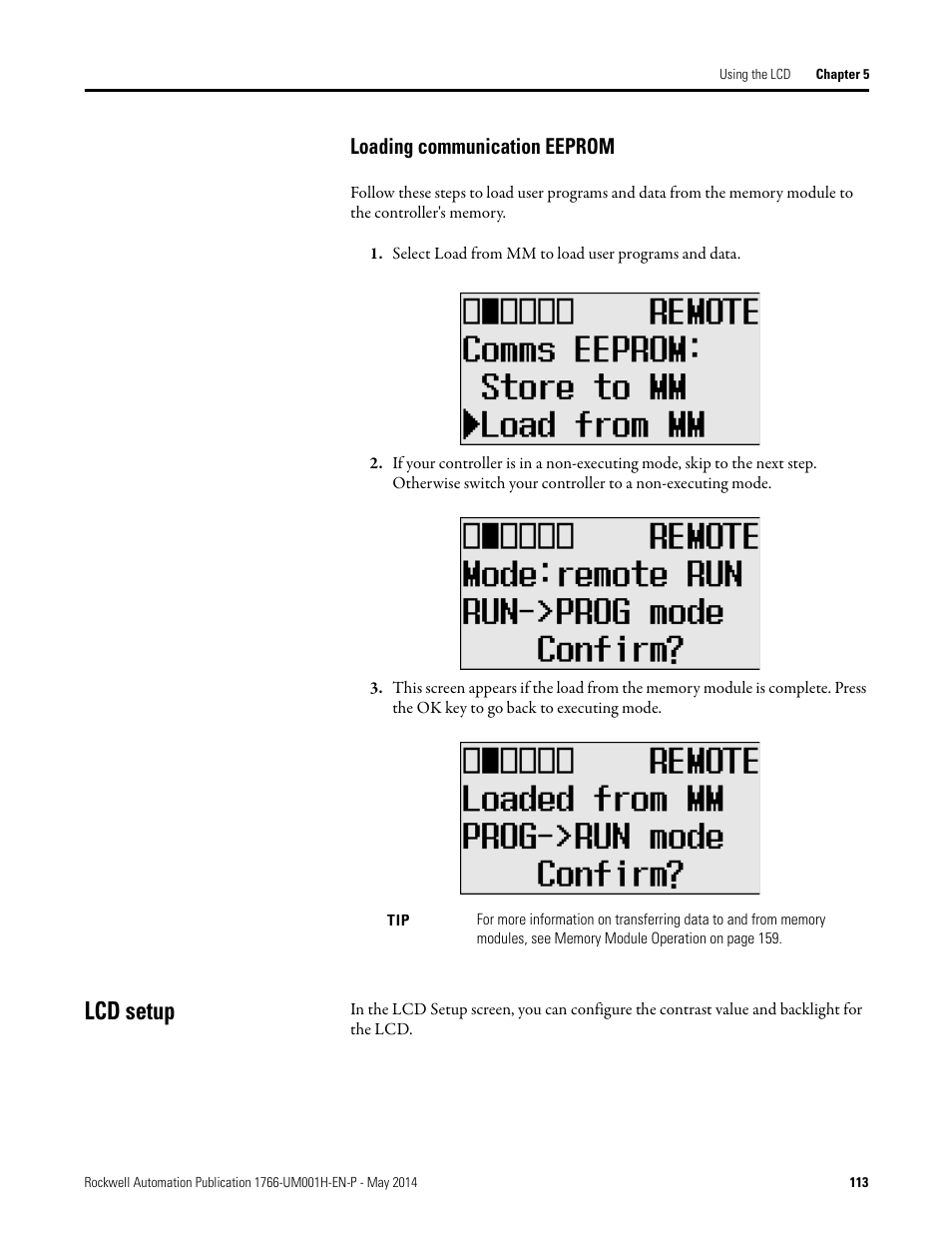 Loading communication eeprom, Lcd setup | Rockwell Automation 1766-Lxxxx MicroLogix 1400 Programmable Controllers User Manual User Manual | Page 155 / 406