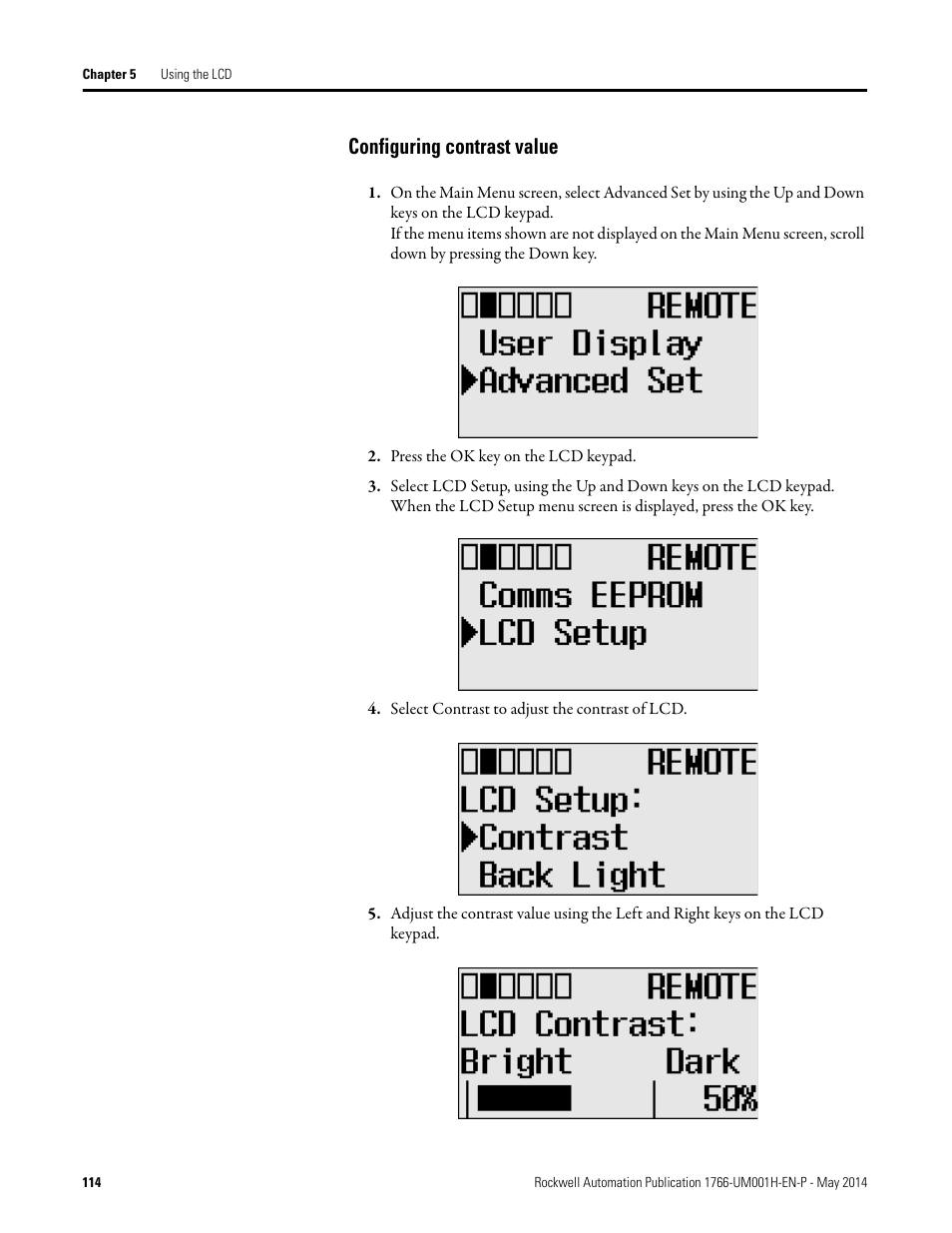 Configuring contrast value | Rockwell Automation 1766-Lxxxx MicroLogix 1400 Programmable Controllers User Manual User Manual | Page 156 / 406