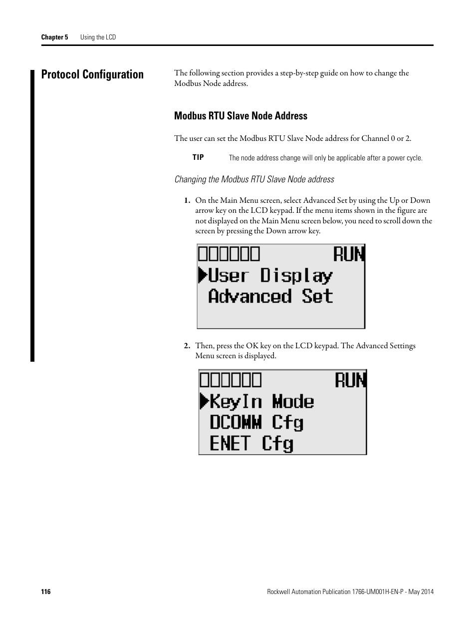 Protocol configuration, Modbus rtu slave node address, Changing the modbus rtu slave node address | Rockwell Automation 1766-Lxxxx MicroLogix 1400 Programmable Controllers User Manual User Manual | Page 158 / 406