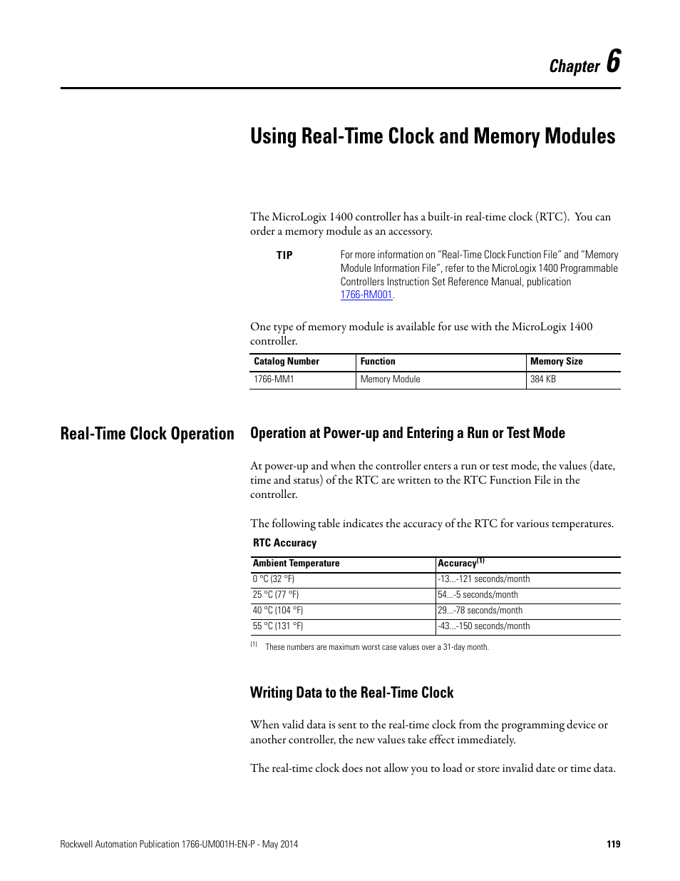 6 - using real-time clock and memory modules, Real-time clock operation, Writing data to the real-time clock | Chapter | Rockwell Automation 1766-Lxxxx MicroLogix 1400 Programmable Controllers User Manual User Manual | Page 161 / 406