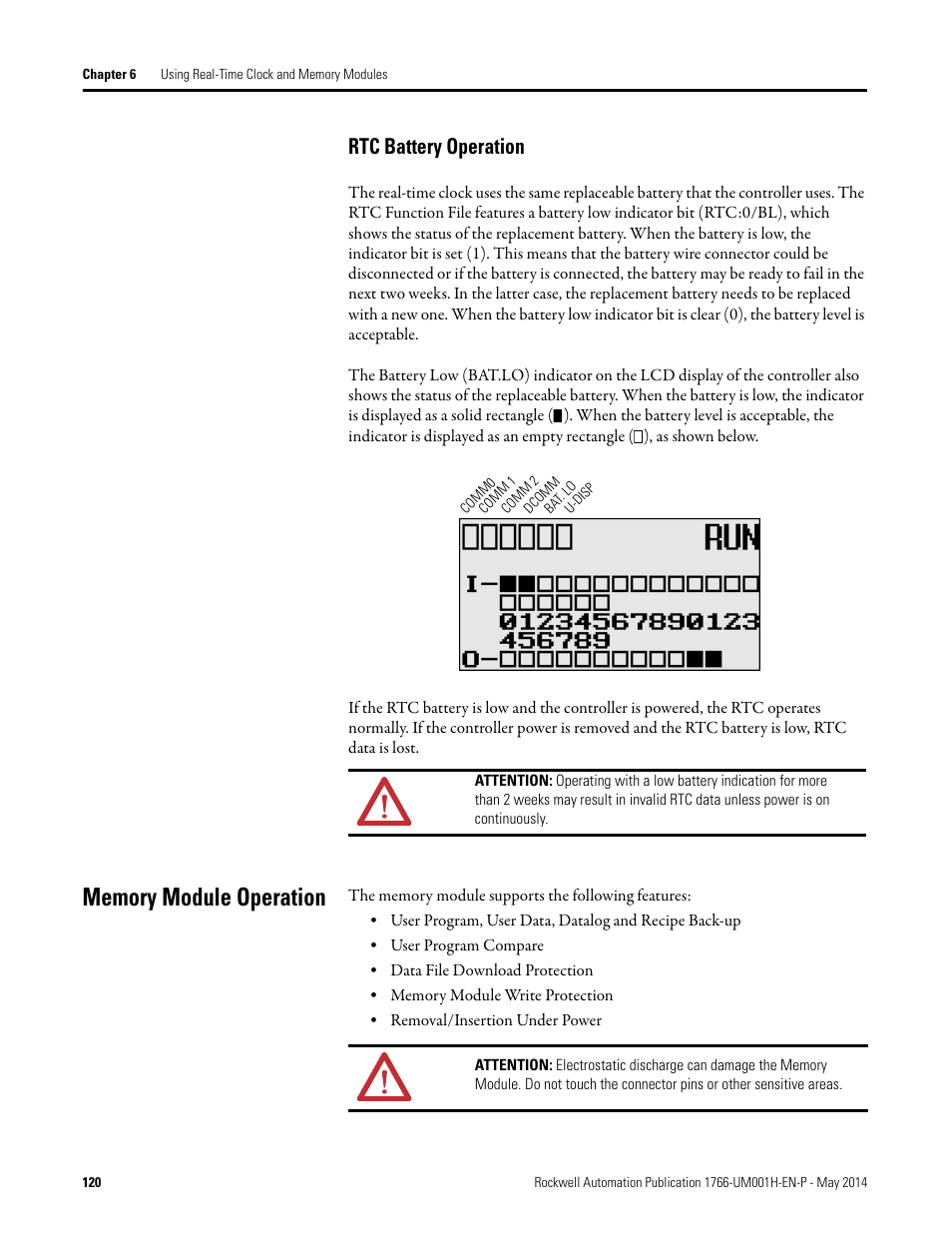Rtc battery operation, Memory module operation | Rockwell Automation 1766-Lxxxx MicroLogix 1400 Programmable Controllers User Manual User Manual | Page 162 / 406