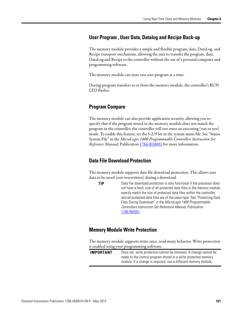 Program compare, Data file download protection, Memory module write protection | Rockwell Automation 1766-Lxxxx MicroLogix 1400 Programmable Controllers User Manual User Manual | Page 163 / 406