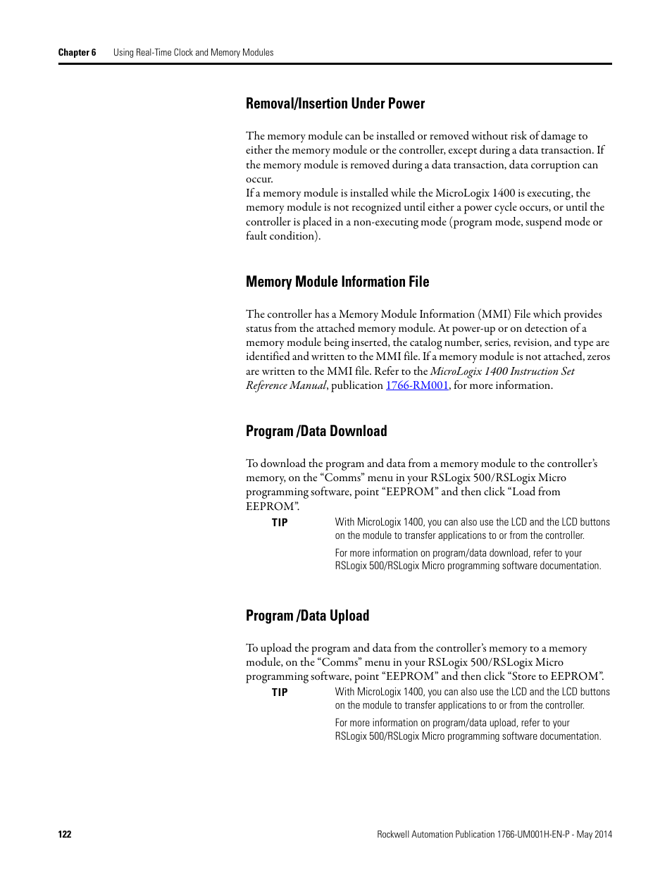 Removal/insertion under power, Memory module information file, Program /data download | Program /data upload | Rockwell Automation 1766-Lxxxx MicroLogix 1400 Programmable Controllers User Manual User Manual | Page 164 / 406