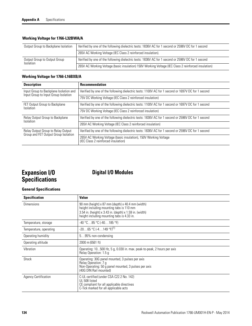 Expansion i/o specifications, Digital i/o modules | Rockwell Automation 1766-Lxxxx MicroLogix 1400 Programmable Controllers User Manual User Manual | Page 176 / 406