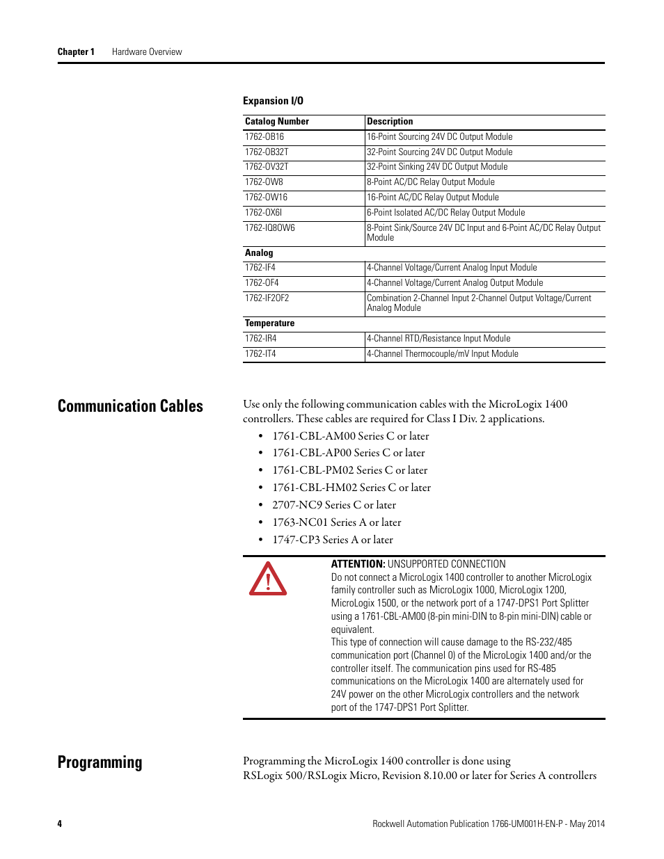 Communication cables, Programming, Communication cables programming | Rockwell Automation 1766-Lxxxx MicroLogix 1400 Programmable Controllers User Manual User Manual | Page 18 / 406