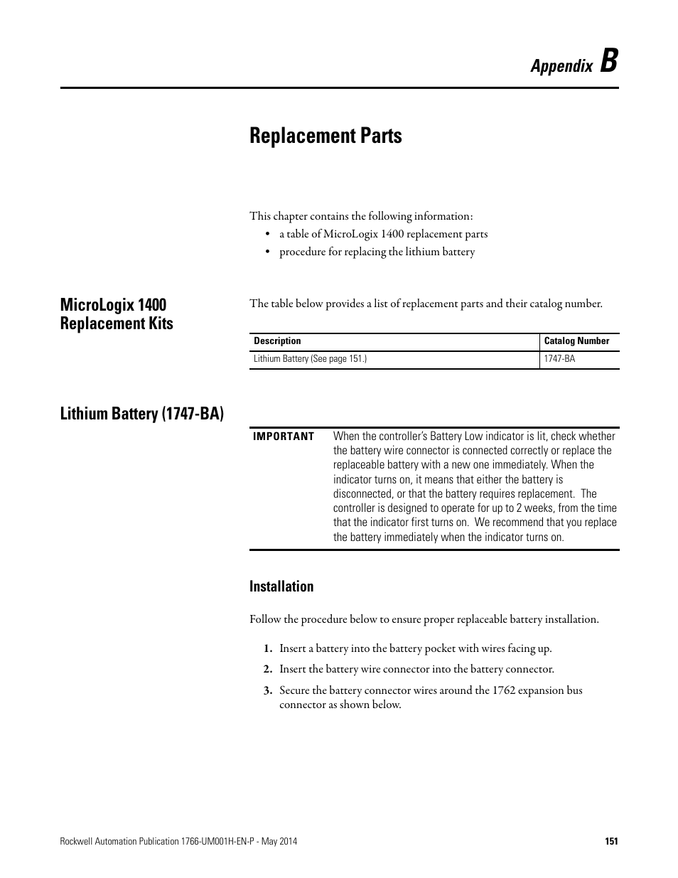 B - replacement parts, Micrologix 1400 replacement kits, Lithium battery (1747-ba) | Installation, Replacement parts, Appendix | Rockwell Automation 1766-Lxxxx MicroLogix 1400 Programmable Controllers User Manual User Manual | Page 191 / 406