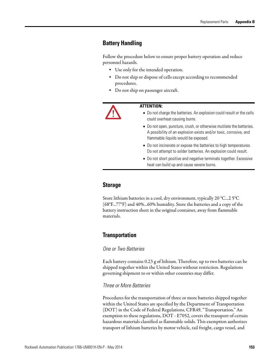 Battery handling, Storage, Transportation | One or two batteries, Three or more batteries | Rockwell Automation 1766-Lxxxx MicroLogix 1400 Programmable Controllers User Manual User Manual | Page 193 / 406