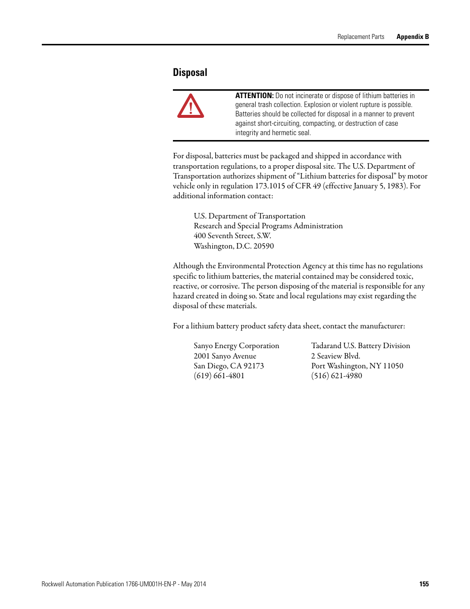 Disposal | Rockwell Automation 1766-Lxxxx MicroLogix 1400 Programmable Controllers User Manual User Manual | Page 195 / 406