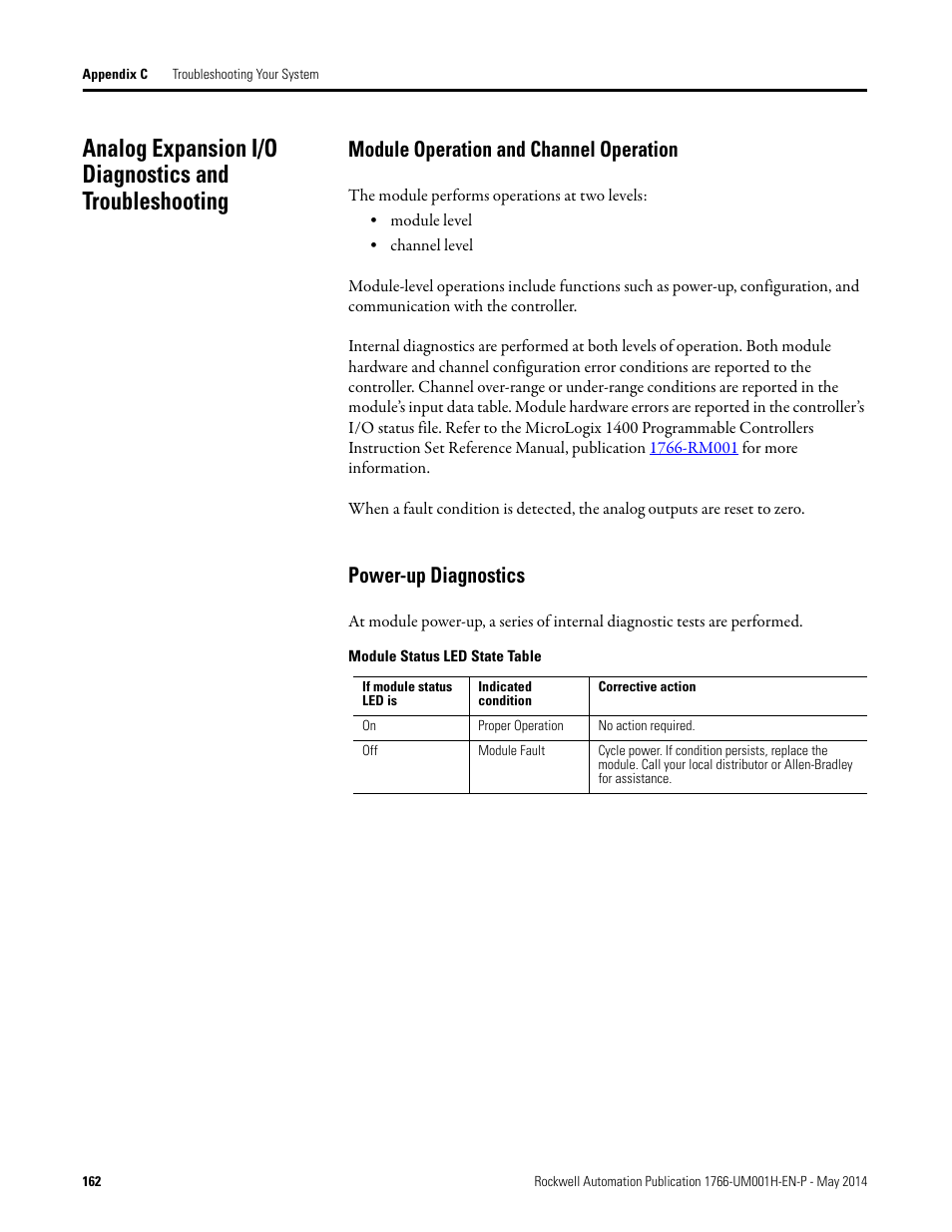 Module operation and channel operation, Power-up diagnostics | Rockwell Automation 1766-Lxxxx MicroLogix 1400 Programmable Controllers User Manual User Manual | Page 202 / 406