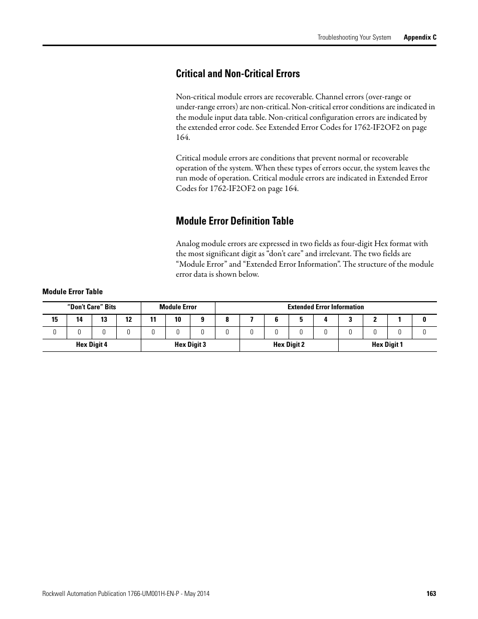 Critical and non-critical errors, Module error definition table | Rockwell Automation 1766-Lxxxx MicroLogix 1400 Programmable Controllers User Manual User Manual | Page 203 / 406