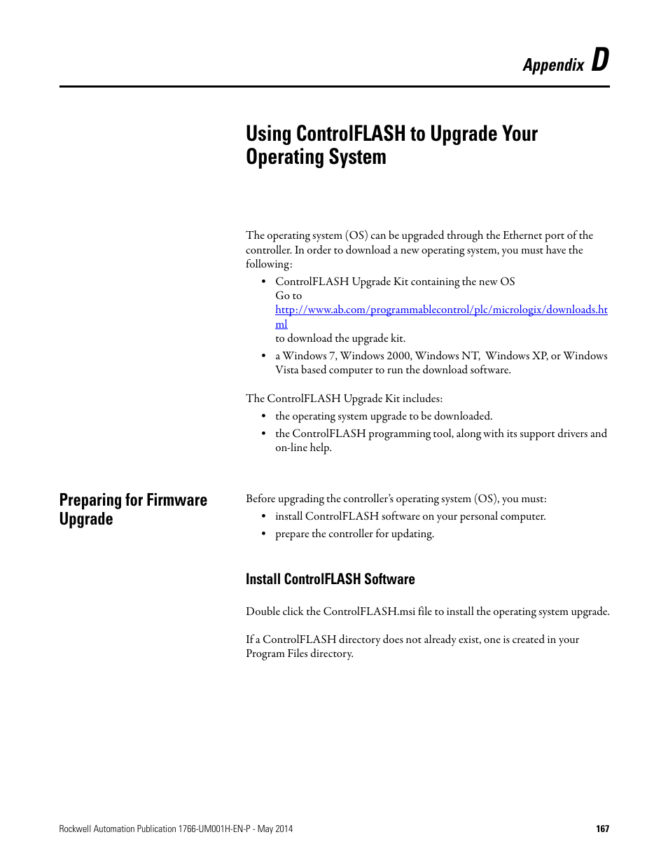 Preparing for firmware upgrade, Install controlflash software, Appendix | Rockwell Automation 1766-Lxxxx MicroLogix 1400 Programmable Controllers User Manual User Manual | Page 207 / 406