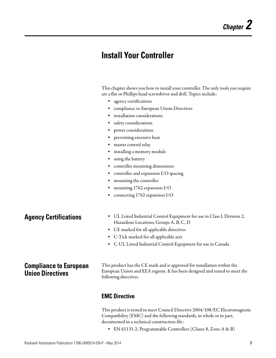 2 - install your controller, Agency certifications, Compliance to european union directives | Emc directive, Chapter 2, Install your controller | Rockwell Automation 1766-Lxxxx MicroLogix 1400 Programmable Controllers User Manual User Manual | Page 21 / 406