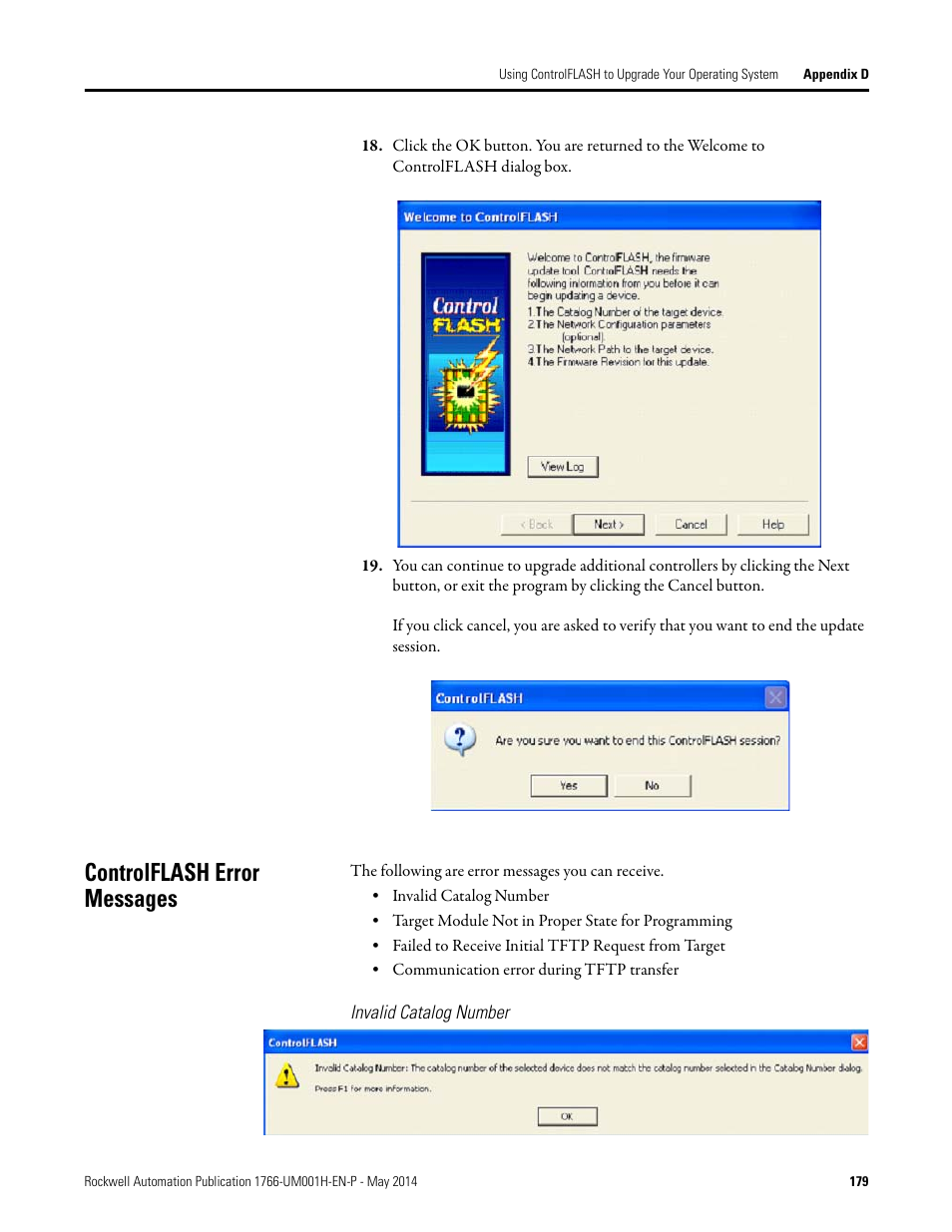 Controlflash error messages, Invalid catalog number | Rockwell Automation 1766-Lxxxx MicroLogix 1400 Programmable Controllers User Manual User Manual | Page 219 / 406