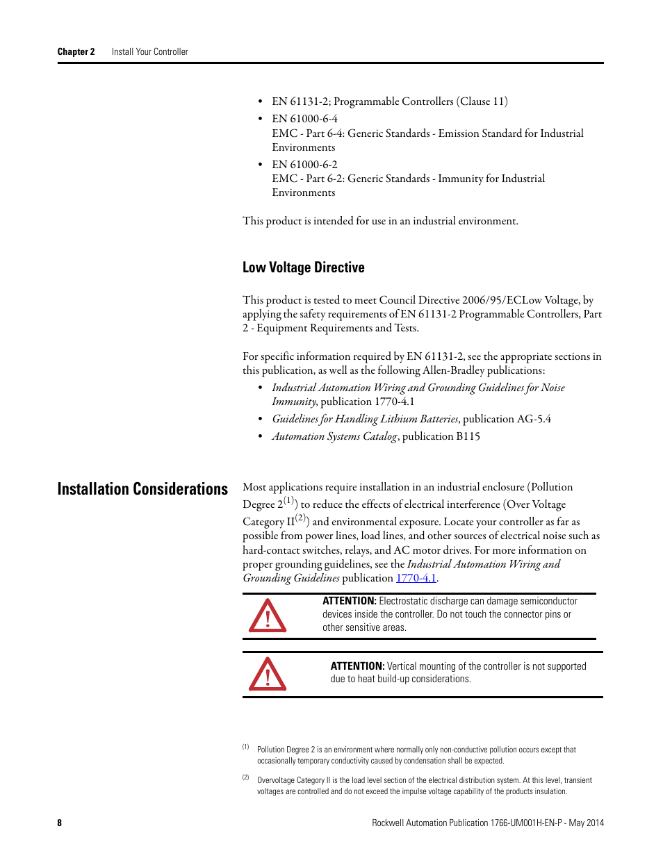 Low voltage directive, Installation considerations | Rockwell Automation 1766-Lxxxx MicroLogix 1400 Programmable Controllers User Manual User Manual | Page 22 / 406