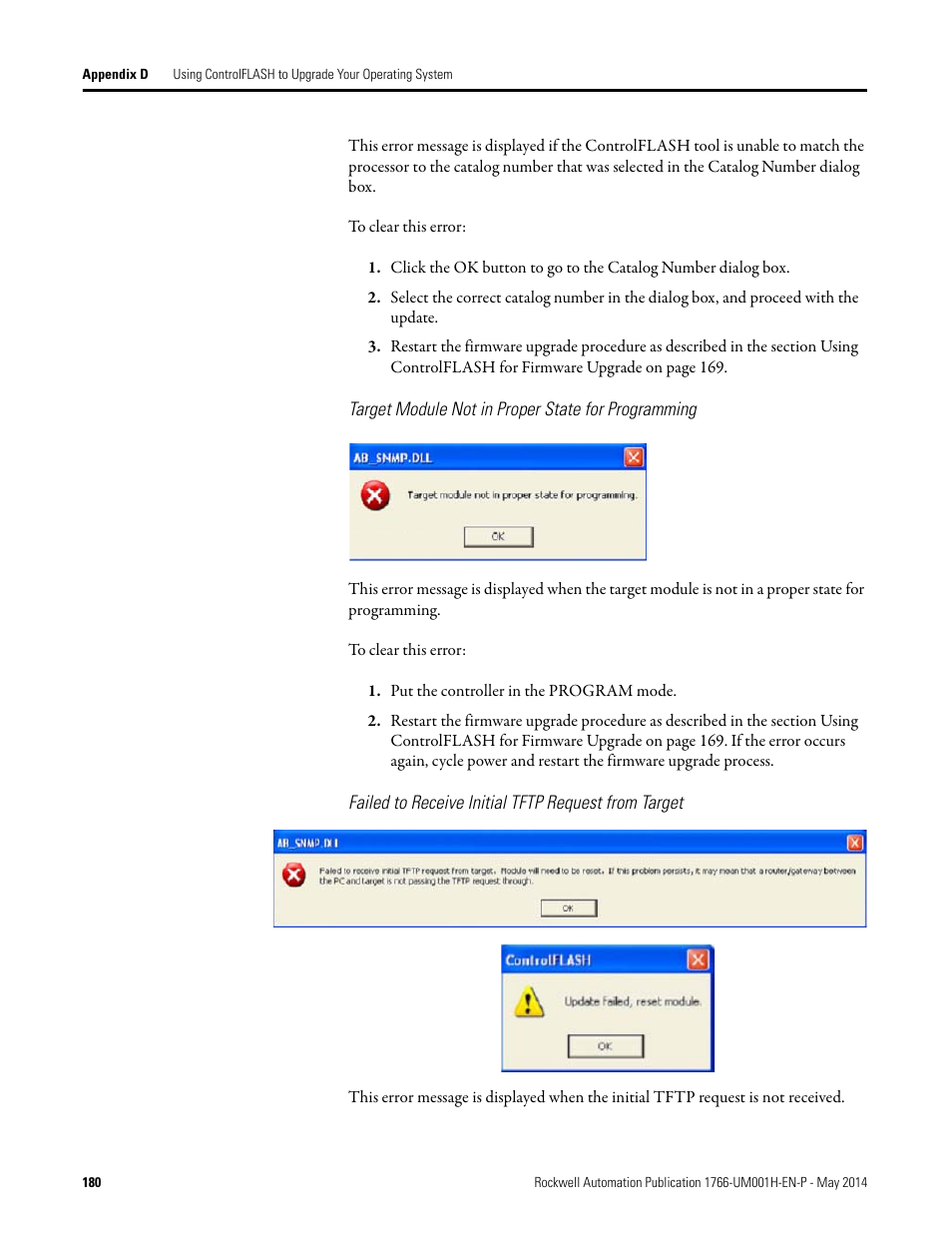 Target module not in proper state for programming, Failed to receive initial tftp request from target | Rockwell Automation 1766-Lxxxx MicroLogix 1400 Programmable Controllers User Manual User Manual | Page 220 / 406