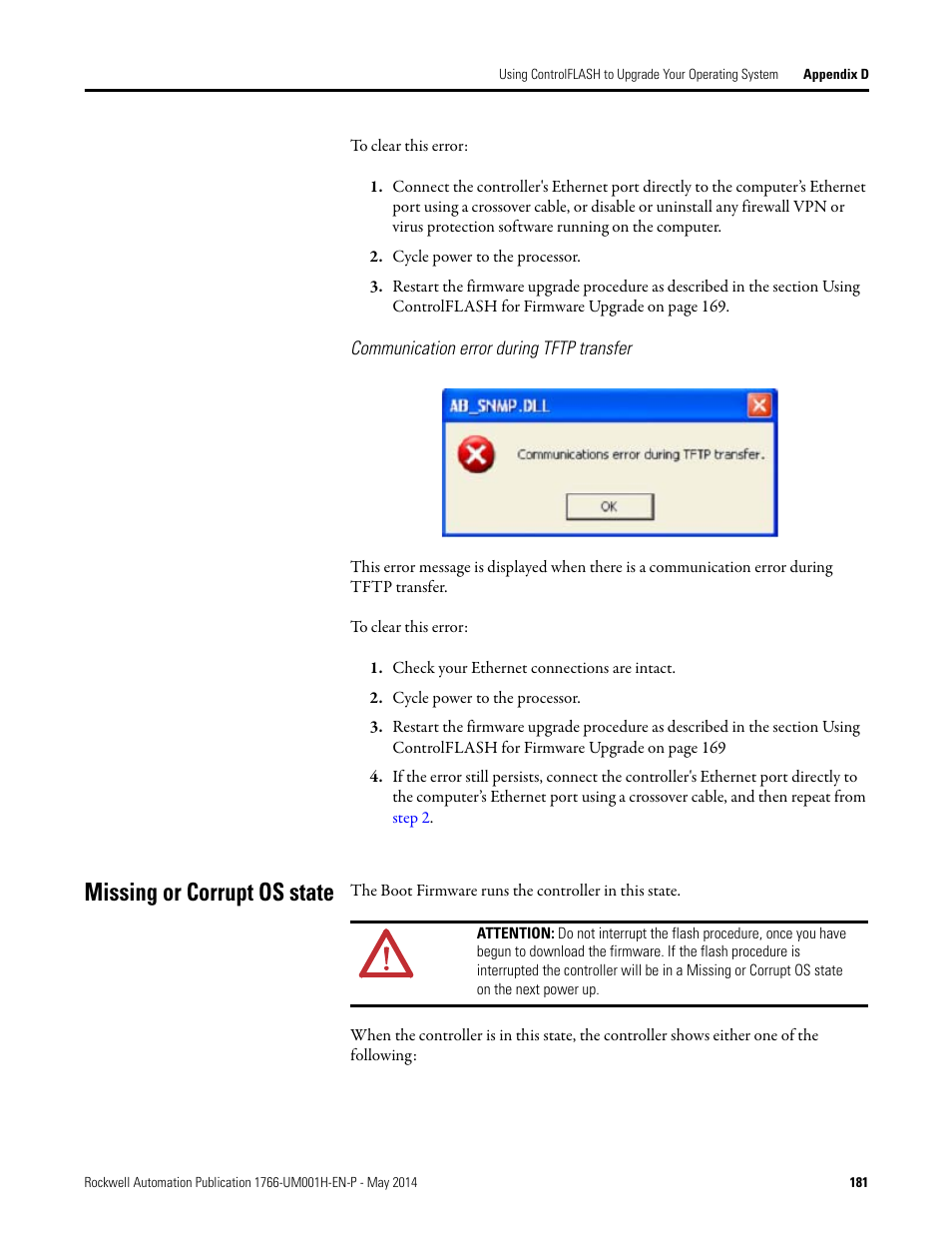 Communication error during tftp transfer, Missing or corrupt os state | Rockwell Automation 1766-Lxxxx MicroLogix 1400 Programmable Controllers User Manual User Manual | Page 221 / 406