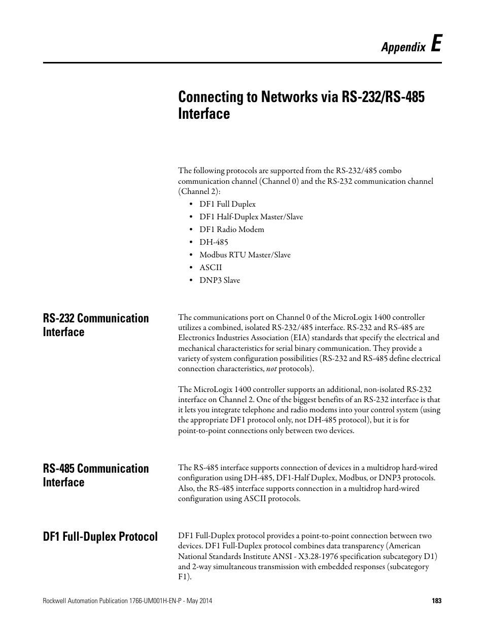 Rs-232 communication interface, Rs-485 communication interface, Df1 full-duplex protocol | Rockwell Automation 1766-Lxxxx MicroLogix 1400 Programmable Controllers User Manual User Manual | Page 223 / 406