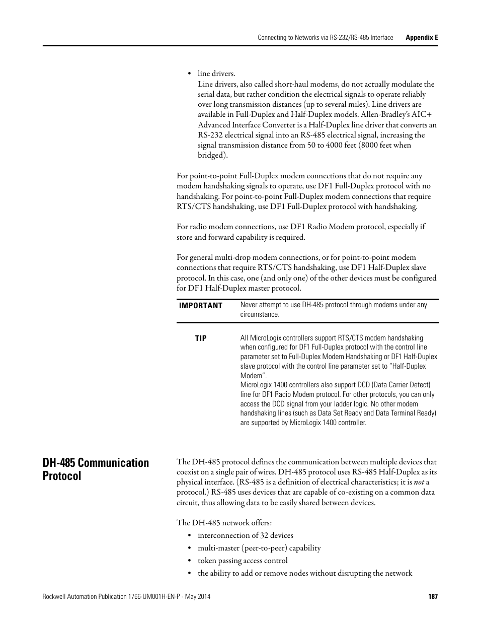 Dh-485 communication protocol | Rockwell Automation 1766-Lxxxx MicroLogix 1400 Programmable Controllers User Manual User Manual | Page 227 / 406