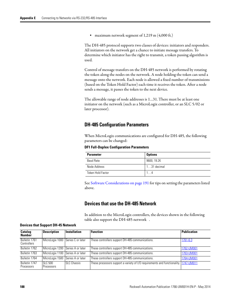 Dh-485 configuration parameters, Devices that use the dh-485 network | Rockwell Automation 1766-Lxxxx MicroLogix 1400 Programmable Controllers User Manual User Manual | Page 228 / 406