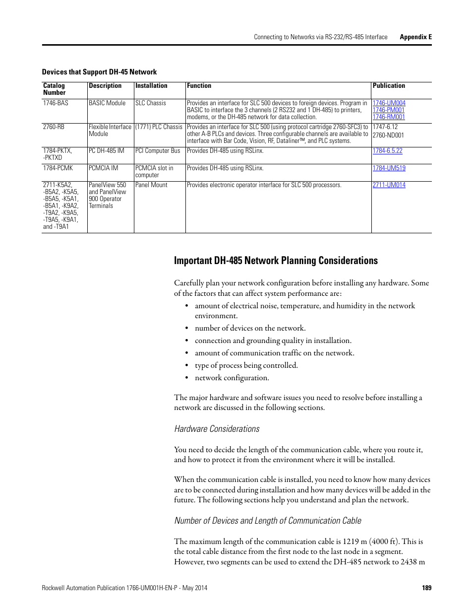 Important dh-485 network planning considerations, Hardware considerations | Rockwell Automation 1766-Lxxxx MicroLogix 1400 Programmable Controllers User Manual User Manual | Page 229 / 406