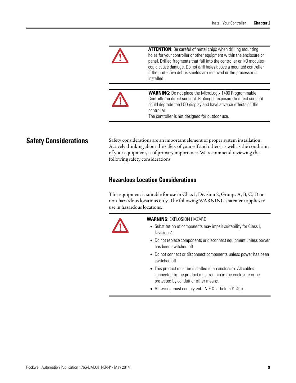 Safety considerations, Hazardous location considerations | Rockwell Automation 1766-Lxxxx MicroLogix 1400 Programmable Controllers User Manual User Manual | Page 23 / 406