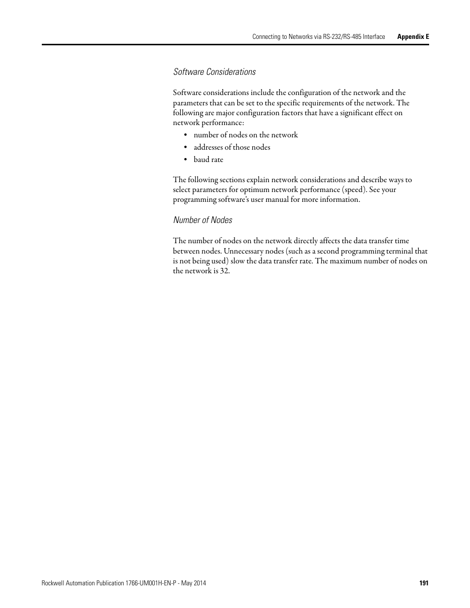 Software considerations, Number of nodes | Rockwell Automation 1766-Lxxxx MicroLogix 1400 Programmable Controllers User Manual User Manual | Page 231 / 406