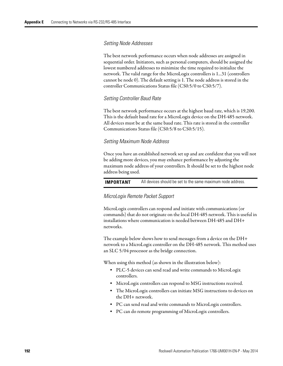 Setting node addresses, Setting controller baud rate, Setting maximum node address | Micrologix remote packet support | Rockwell Automation 1766-Lxxxx MicroLogix 1400 Programmable Controllers User Manual User Manual | Page 232 / 406