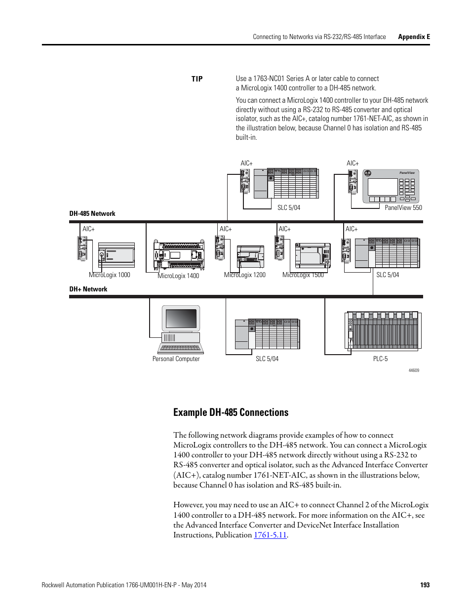 Example dh-485 connections | Rockwell Automation 1766-Lxxxx MicroLogix 1400 Programmable Controllers User Manual User Manual | Page 233 / 406