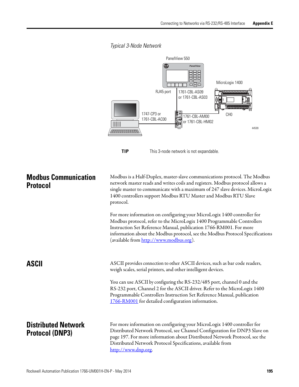 Typical 3-node network, Modbus communication protocol, Ascii | Distributed network protocol (dnp3) | Rockwell Automation 1766-Lxxxx MicroLogix 1400 Programmable Controllers User Manual User Manual | Page 235 / 406