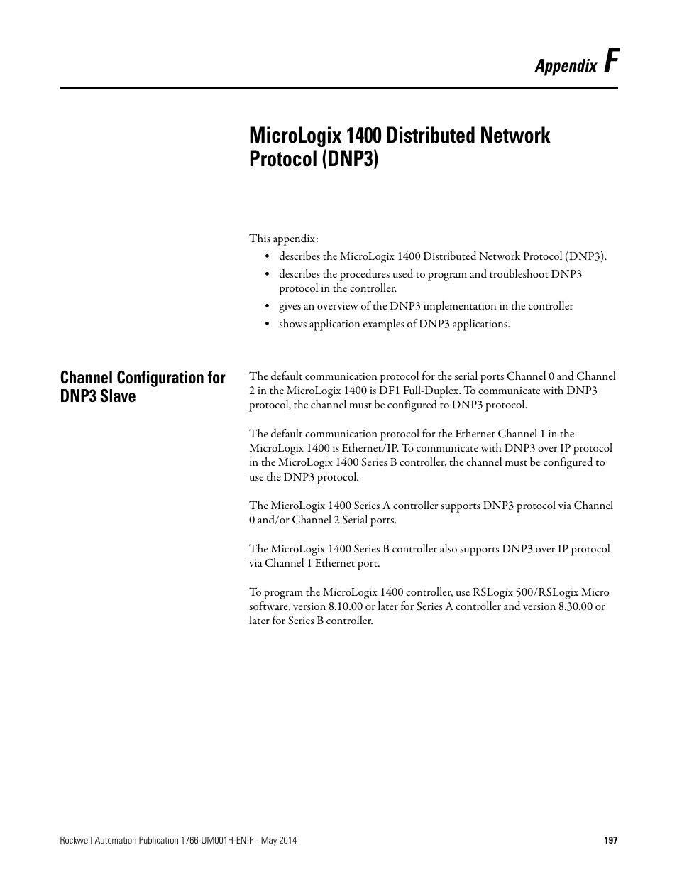 Channel configuration for dnp3 slave, Appendix | Rockwell Automation 1766-Lxxxx MicroLogix 1400 Programmable Controllers User Manual User Manual | Page 237 / 406