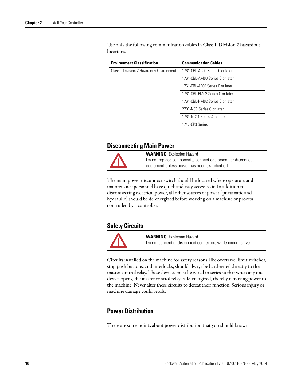 Disconnecting main power, Safety circuits, Power distribution | Rockwell Automation 1766-Lxxxx MicroLogix 1400 Programmable Controllers User Manual User Manual | Page 24 / 406