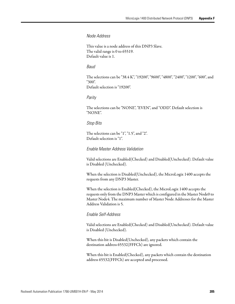 Node address, Baud, Parity | Stop bits, Enable master address validation, Enable self-address | Rockwell Automation 1766-Lxxxx MicroLogix 1400 Programmable Controllers User Manual User Manual | Page 245 / 406