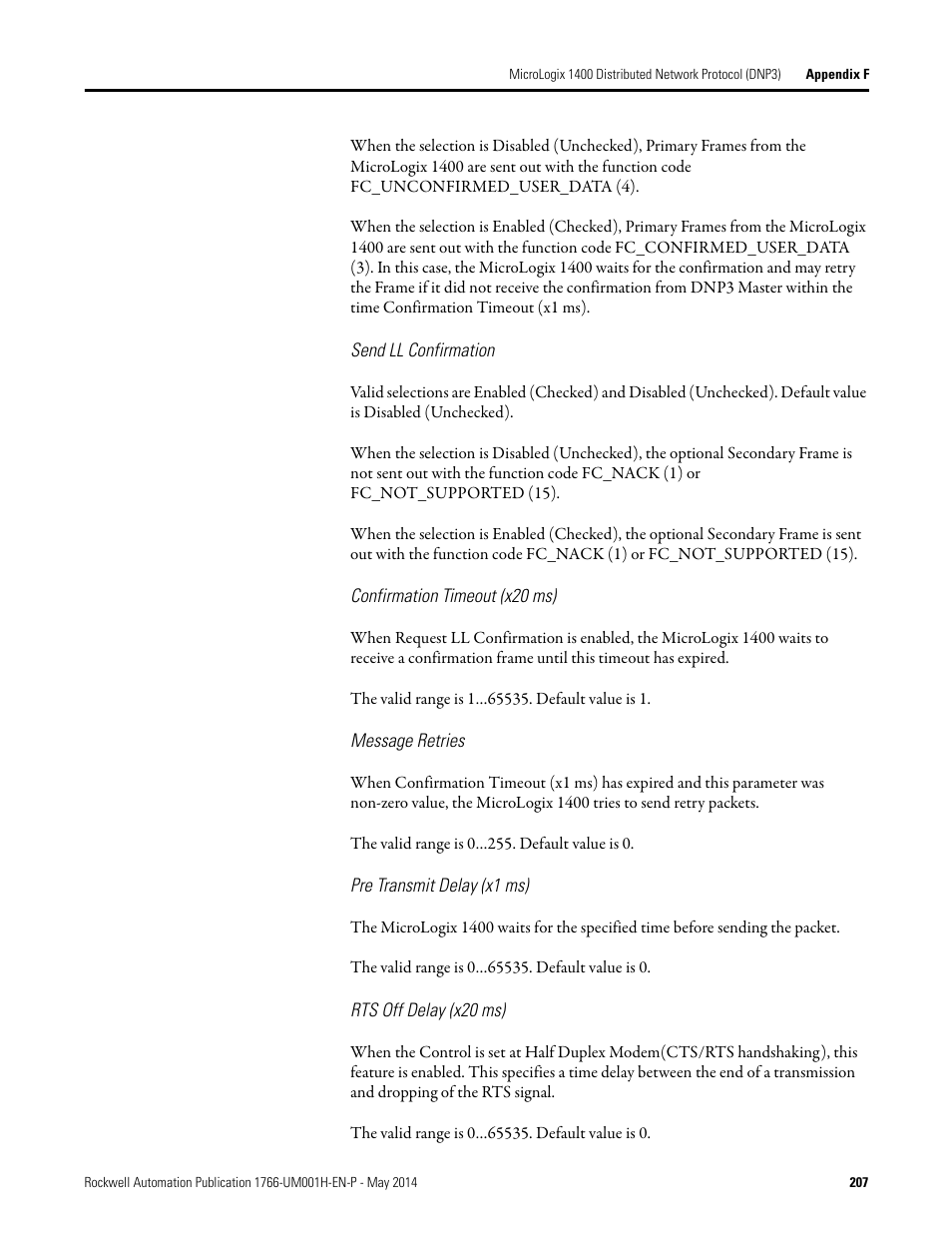 Send ll confirmation, Confirmation timeout (x20 ms), Message retries | Pre transmit delay (x1 ms), Rts off delay (x20 ms) | Rockwell Automation 1766-Lxxxx MicroLogix 1400 Programmable Controllers User Manual User Manual | Page 247 / 406