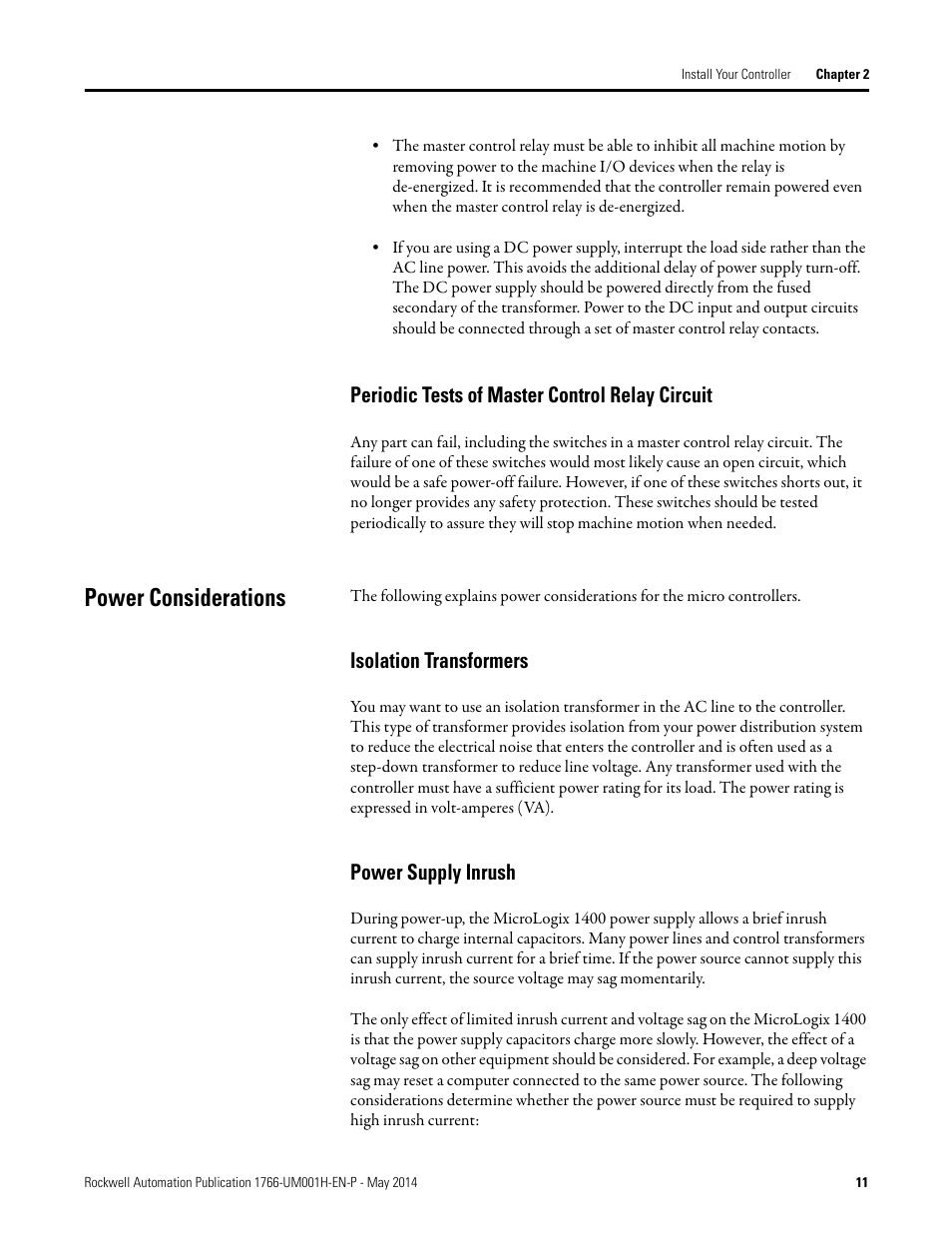 Periodic tests of master control relay circuit, Power considerations, Isolation transformers | Power supply inrush, Isolation transformers power supply inrush | Rockwell Automation 1766-Lxxxx MicroLogix 1400 Programmable Controllers User Manual User Manual | Page 25 / 406