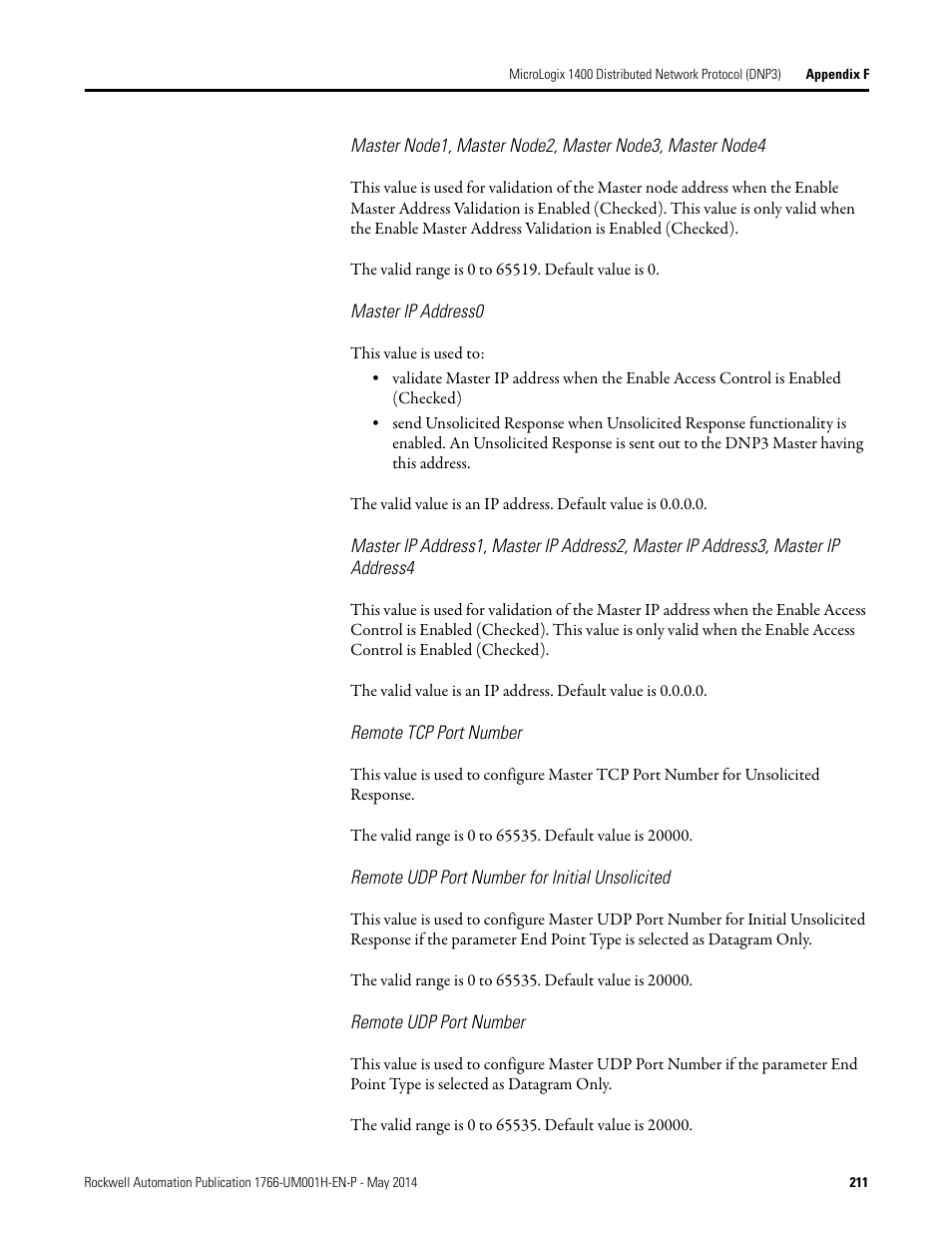 Master ip address0, Remote tcp port number, Remote udp port number for initial unsolicited | Remote udp port number, Master node1, master node2 | Rockwell Automation 1766-Lxxxx MicroLogix 1400 Programmable Controllers User Manual User Manual | Page 251 / 406