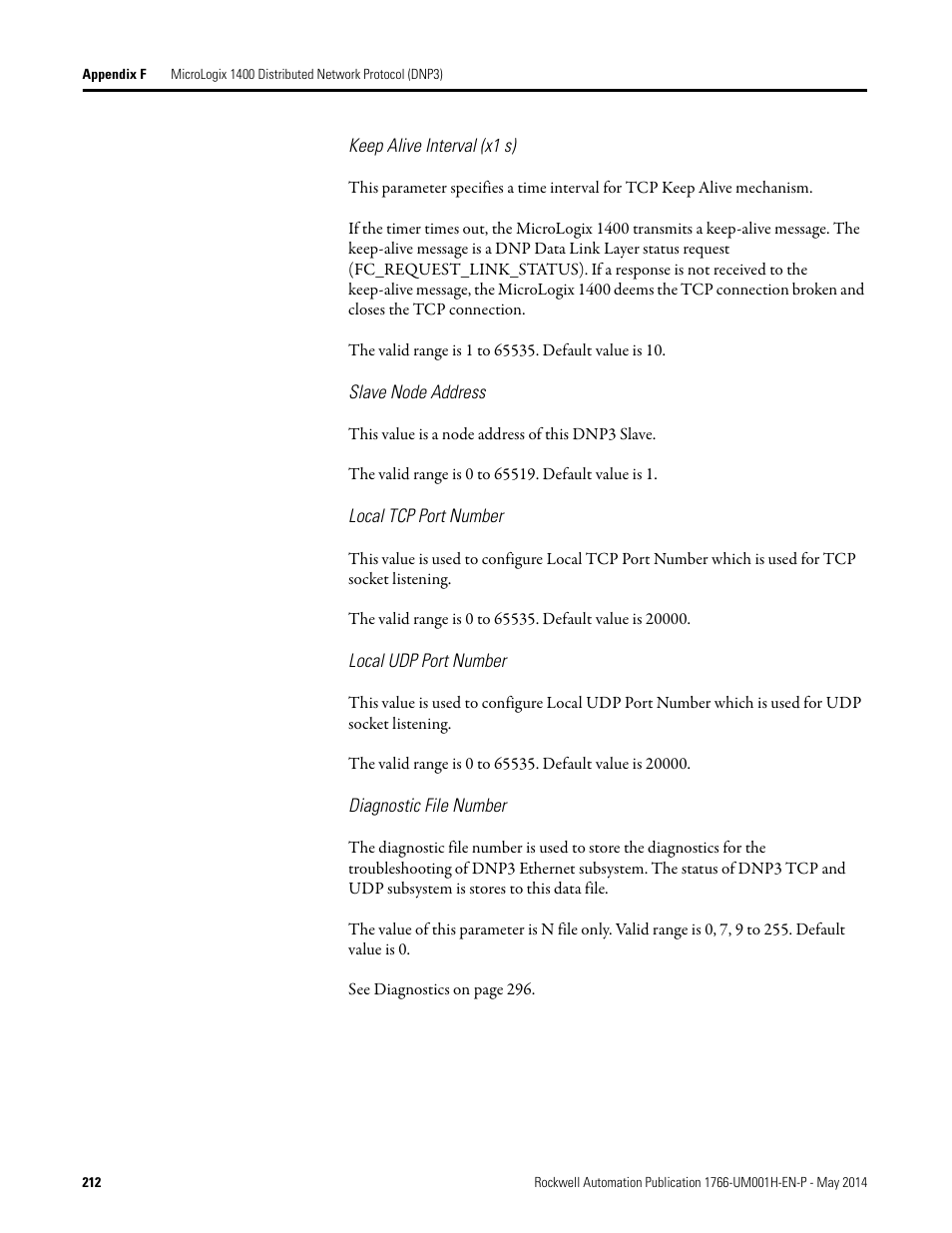 Keep alive interval (x1 s), Slave node address, Local tcp port number | Local udp port number, Diagnostic file number | Rockwell Automation 1766-Lxxxx MicroLogix 1400 Programmable Controllers User Manual User Manual | Page 252 / 406