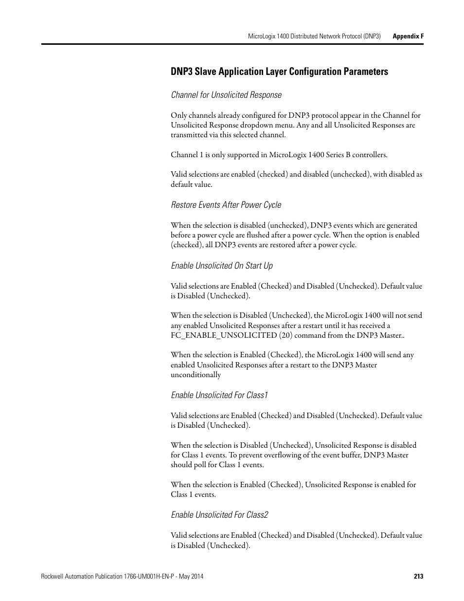 Channel for unsolicited response, Restore events after power cycle, Enable unsolicited on start up | Enable unsolicited for class1, Enable unsolicited for class2 | Rockwell Automation 1766-Lxxxx MicroLogix 1400 Programmable Controllers User Manual User Manual | Page 253 / 406