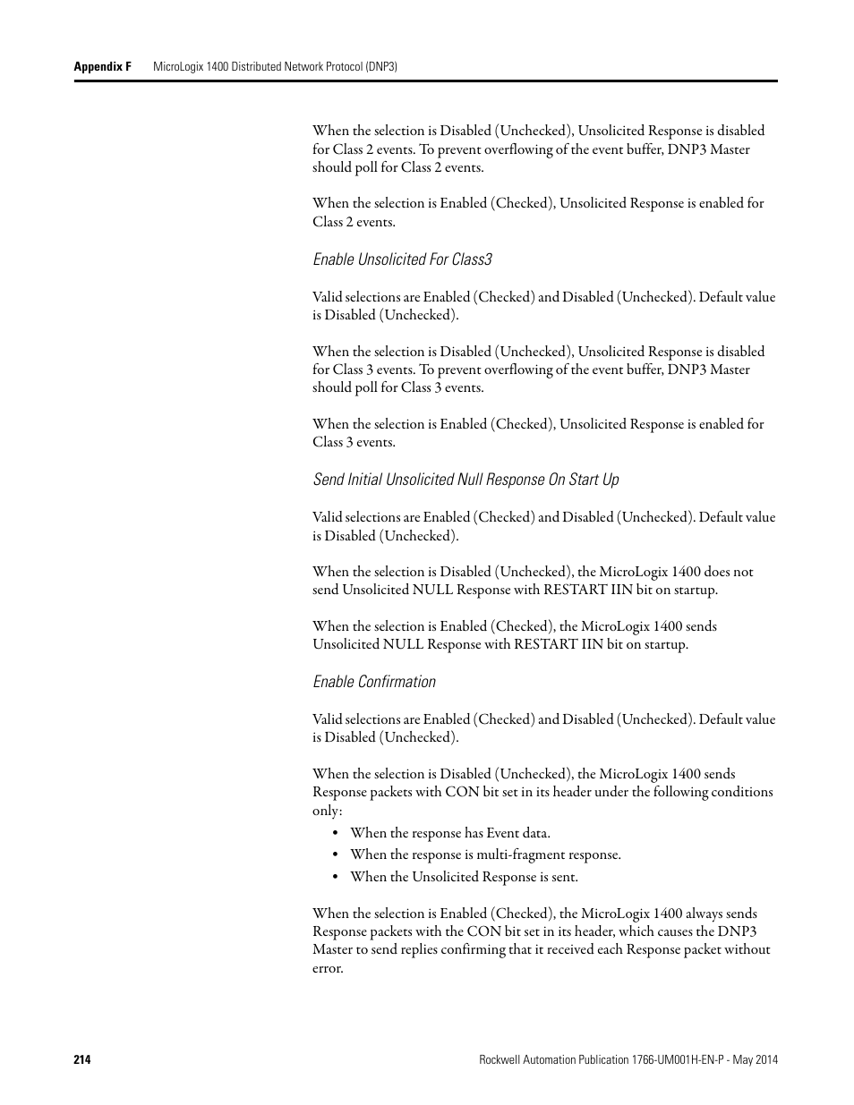 Enable unsolicited for class3, Send initial unsolicited null response on start up, Enable confirmation | Rockwell Automation 1766-Lxxxx MicroLogix 1400 Programmable Controllers User Manual User Manual | Page 254 / 406