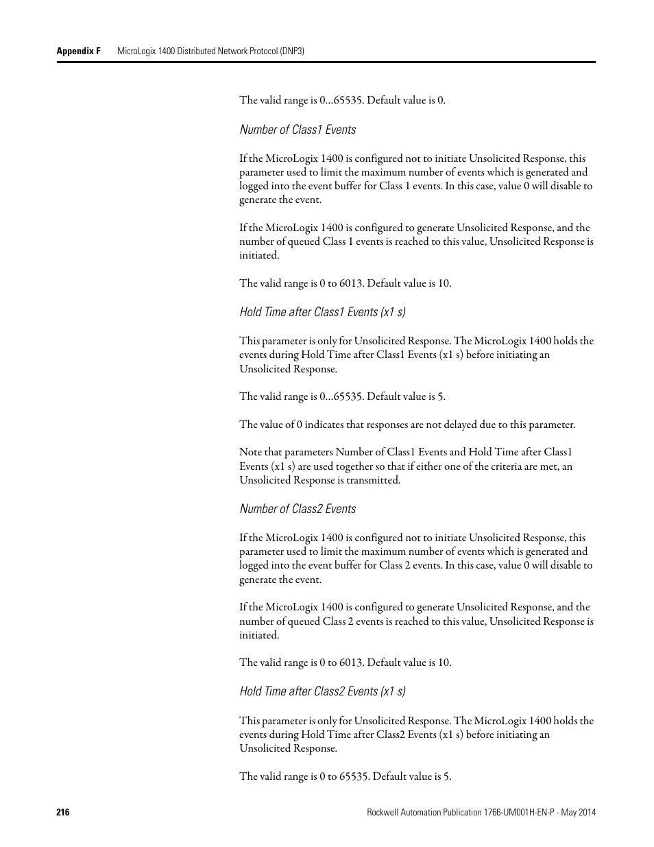 Number of class1 events, Hold time after class1 events (x1 s), Number of class2 events | Hold time after class2 events (x1 s) | Rockwell Automation 1766-Lxxxx MicroLogix 1400 Programmable Controllers User Manual User Manual | Page 256 / 406