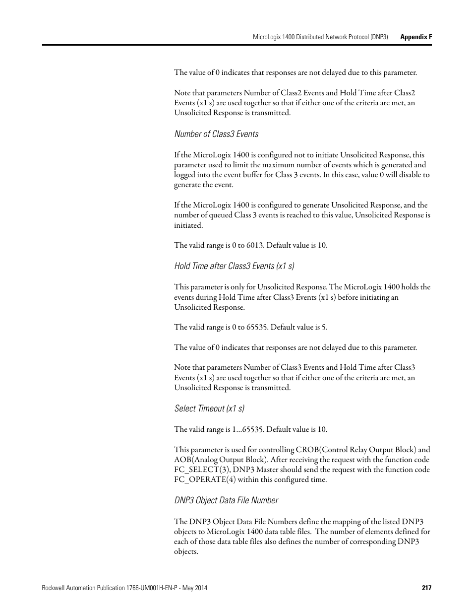 Number of class3 events, Hold time after class3 events (x1 s), Select timeout (x1 s) | Dnp3 object data file number | Rockwell Automation 1766-Lxxxx MicroLogix 1400 Programmable Controllers User Manual User Manual | Page 257 / 406