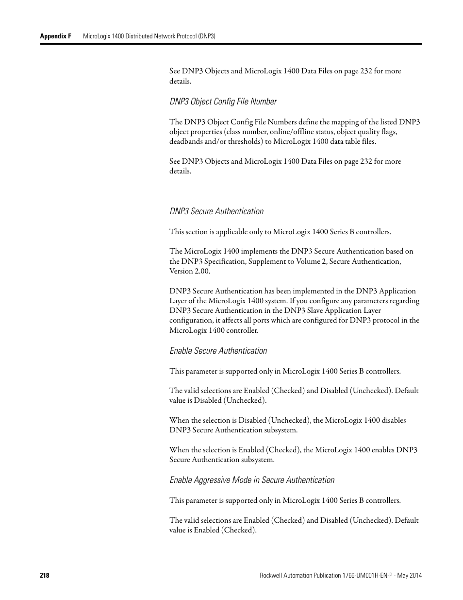 Dnp3 object config file number, Dnp3 secure authentication, Enable secure authentication | Enable aggressive mode in secure authentication | Rockwell Automation 1766-Lxxxx MicroLogix 1400 Programmable Controllers User Manual User Manual | Page 258 / 406