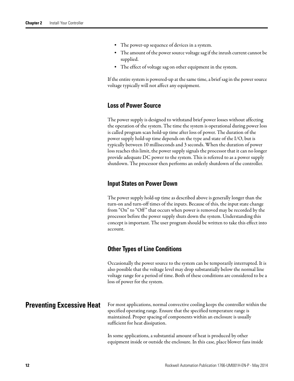 Loss of power source, Input states on power down, Other types of line conditions | Preventing excessive heat | Rockwell Automation 1766-Lxxxx MicroLogix 1400 Programmable Controllers User Manual User Manual | Page 26 / 406